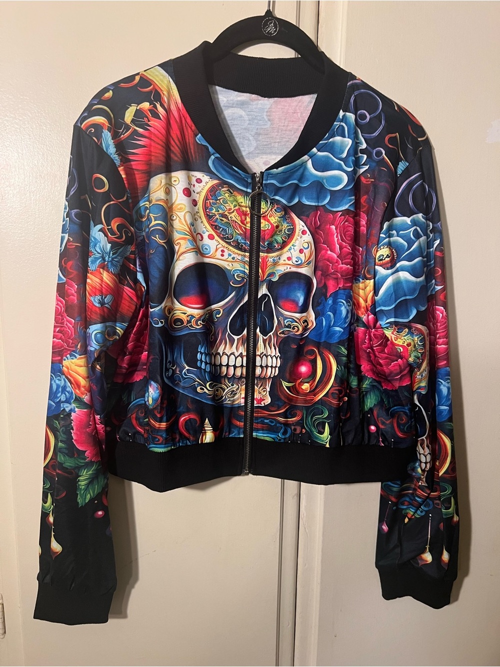 Black Multicolor Skull Print Bomber Jacket - Women